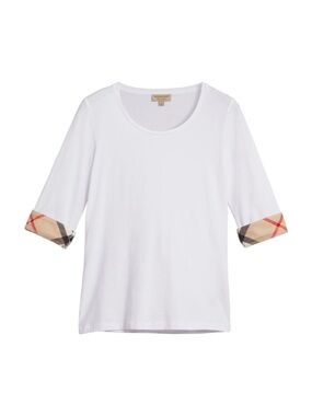 Burberry White Scoop Neck Short Sleeve Top with Signature Plaid Cuffs